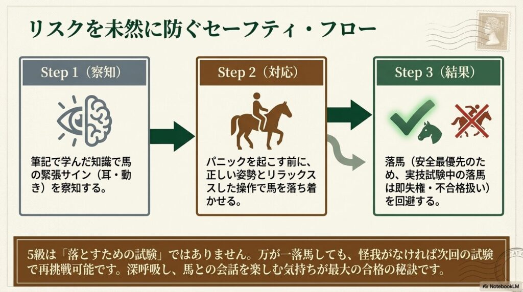 乗馬ライセンス5級試験における落馬などのリスクを未然に防ぐためのセーフティ・フロー図