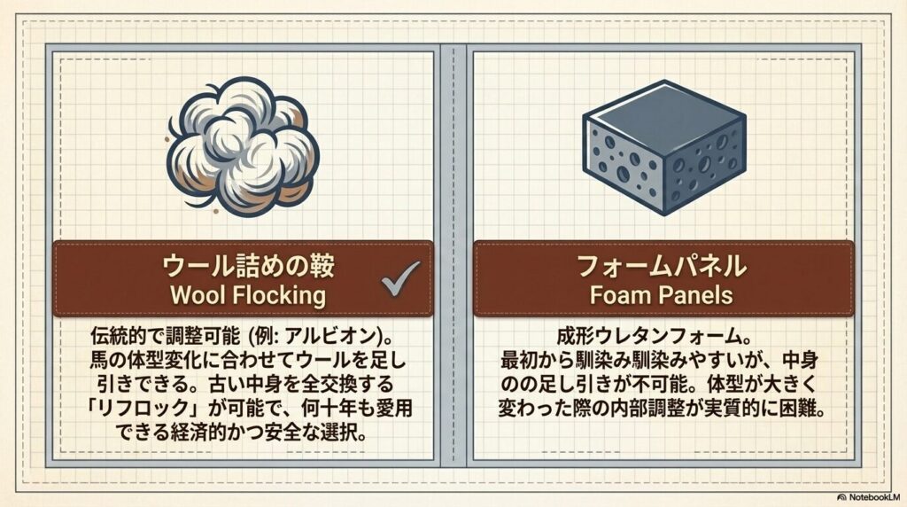 調整可能なウール詰め（ウールフロック）とフォームパネルの構造比較