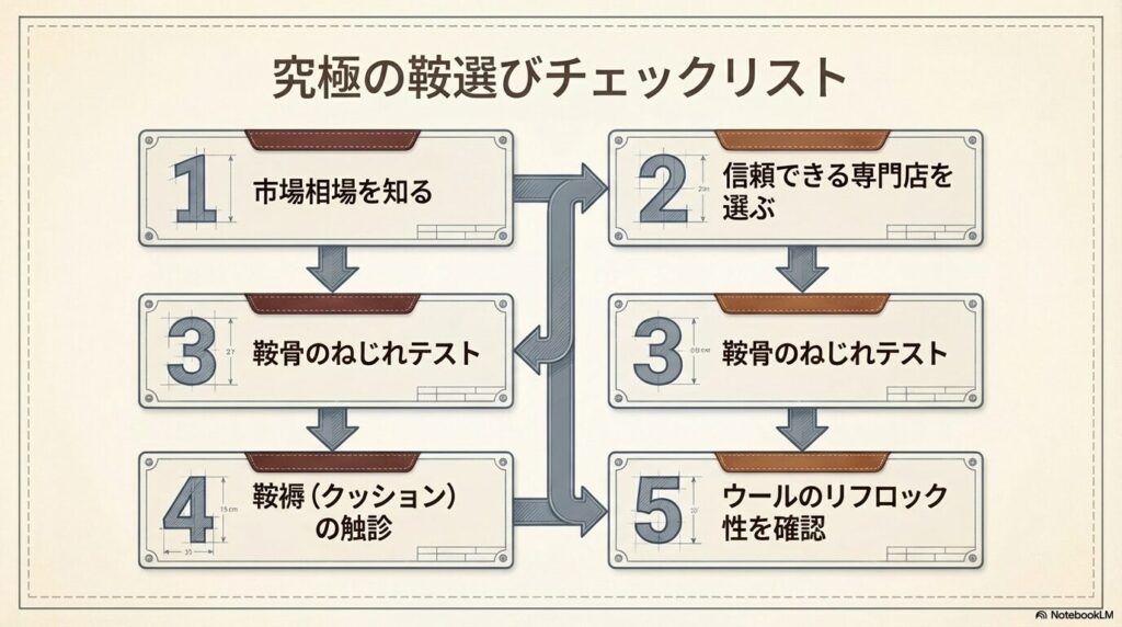 市場相場からリフロックの確認まで、安全な中古鞍を選ぶための5ステップチェックリスト