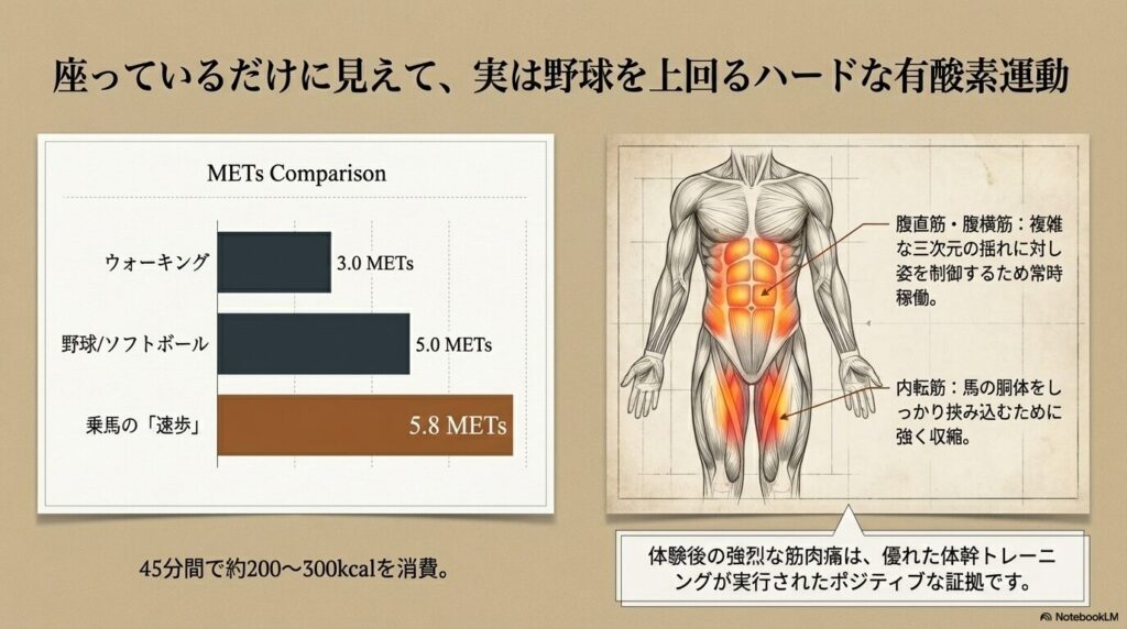 乗馬の速歩とウォーキング・野球のMETs（運動強度）比較グラフ、および乗馬で使う腹直筋や内転筋の図解